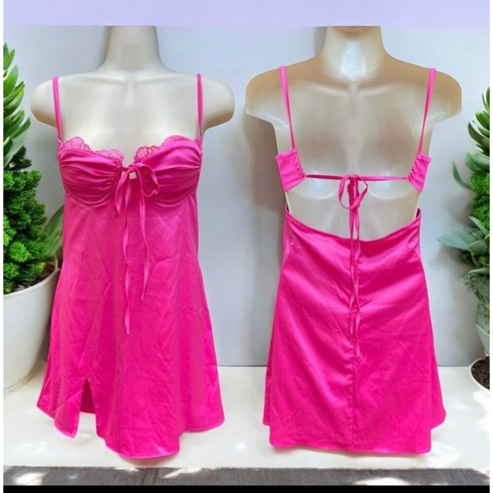 Hot Pink Satin Lace Slip Mini Dress NWT Size Small Ruched Spaghetti Strap Party